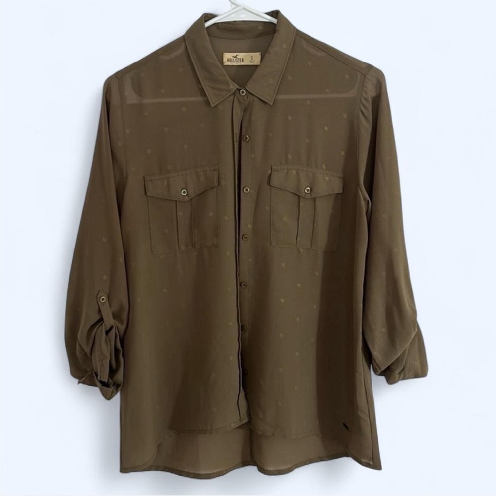 Hollister Sheer Button Down Blouse Roll Tab Sleeves Size Small